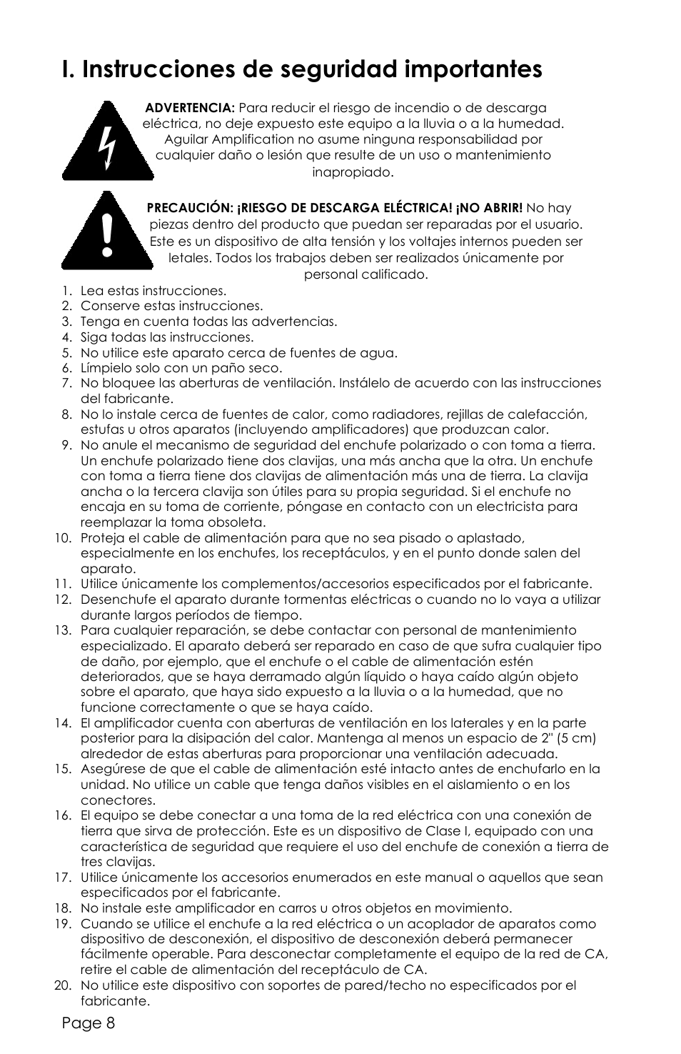 I. instrucciones de seguridad importantes, Page 8 | aguilar Tone Hammer 350W Solid-State Bass Amplifier Head (Limited-Edition Chocolate Brown) User Manual | Page 8 / 24