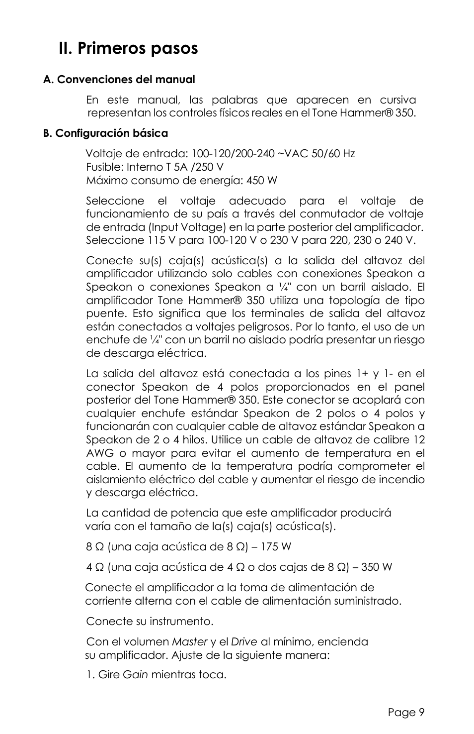 Ii. primeros pasos | aguilar Tone Hammer 350W Solid-State Bass Amplifier Head (Limited-Edition Chocolate Brown) User Manual | Page 9 / 24