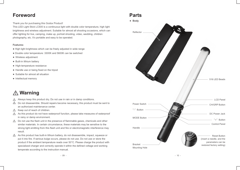 Foreword warning, Parts | Godox LC500R RGB LED Light Stick (24") User Manual | Page 2 / 6