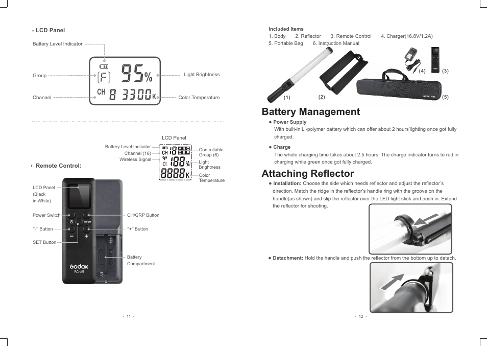 Battery management, Attaching reflector | Godox LC500R RGB LED Light Stick (24") User Manual | Page 3 / 6