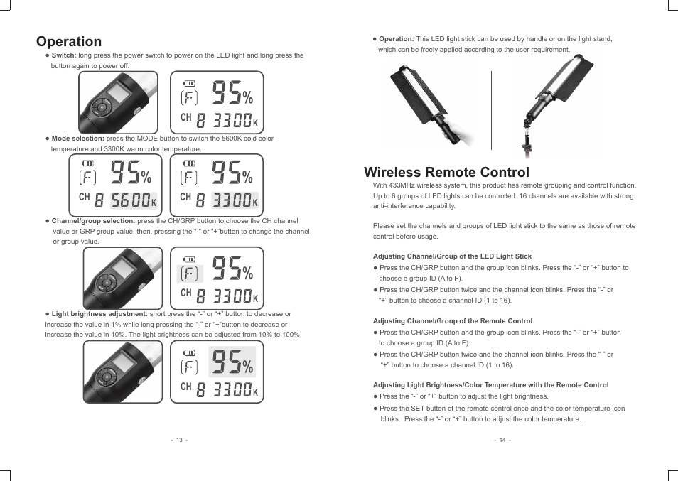 Operation, Wireless remote control | Godox LC500R RGB LED Light Stick (24") User Manual | Page 4 / 6