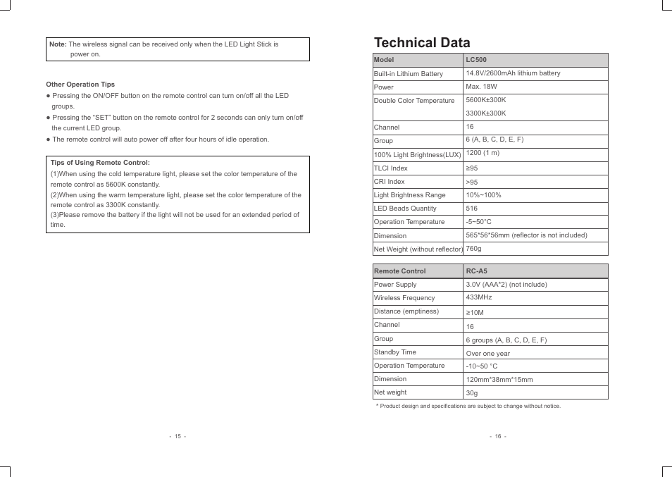 Technical data | Godox LC500R RGB LED Light Stick (24") User Manual | Page 5 / 6