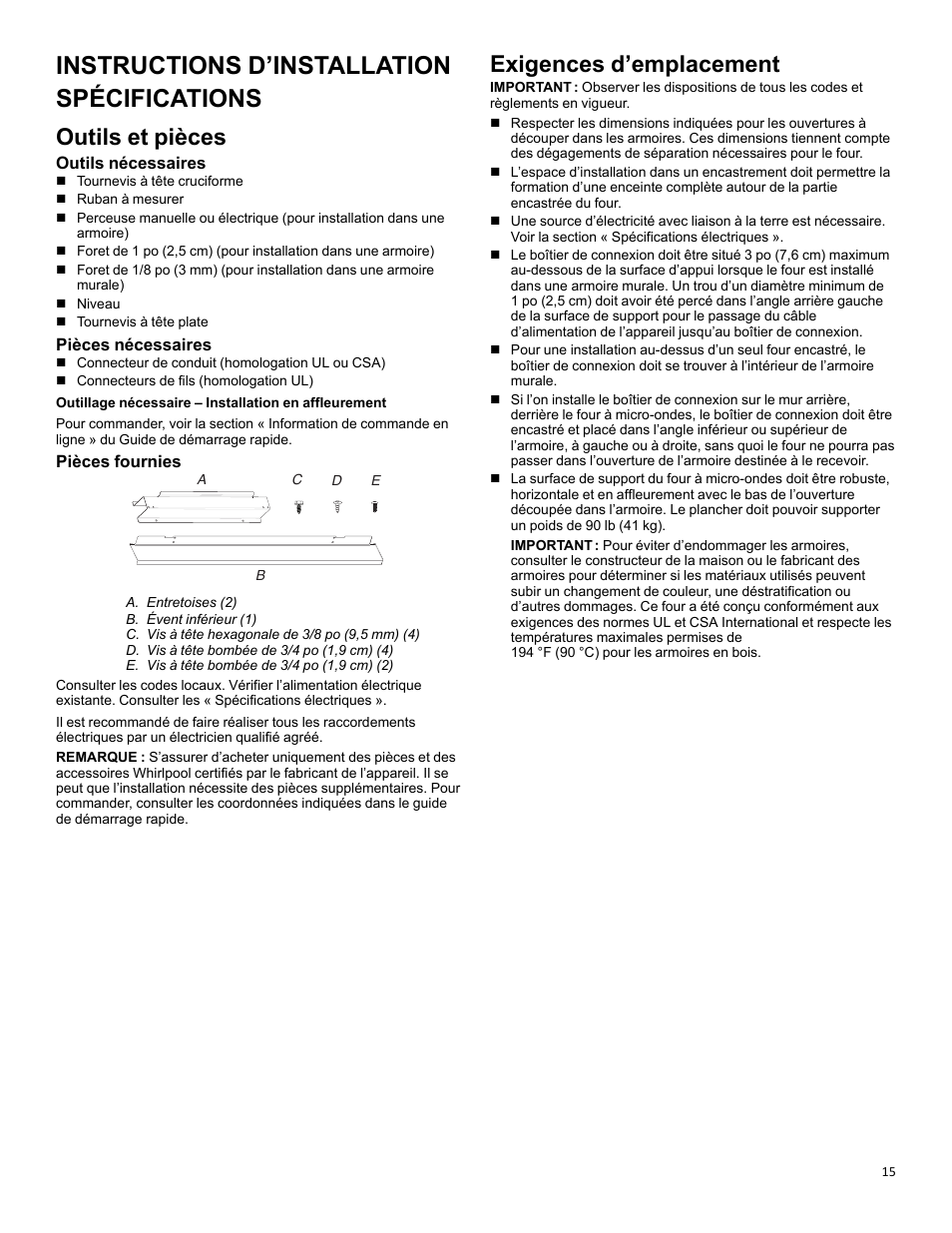 Instructions d’installation, Spécifications, Outils et pièces | Exigences d’emplacement, Outils et pièces exigences d’emplacement, Instructions d’installation spécifications | KITCHENAID 27 Inch Built-in Microwave Oven Owners Guide User Manual | Page 15 / 24