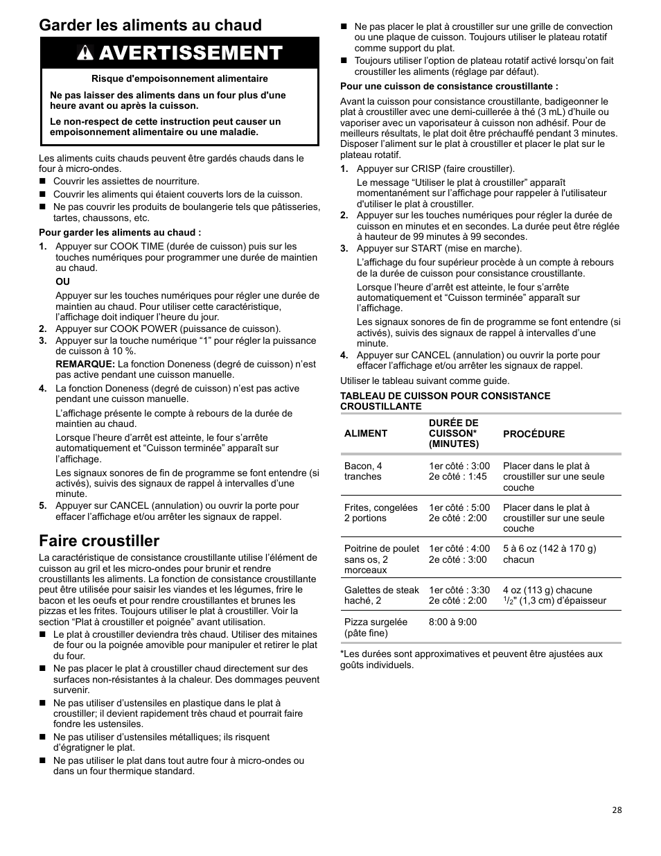 Keep food warm_w10643473_fr, Crisp_w10643473_fr, Avertissement | Garder les aliments au chaud, Faire croustiller | KITCHENAID 27 Inch Built-in Microwave Oven Built-In Convection Microwave Oven Control Guide User Manual | Page 28 / 30