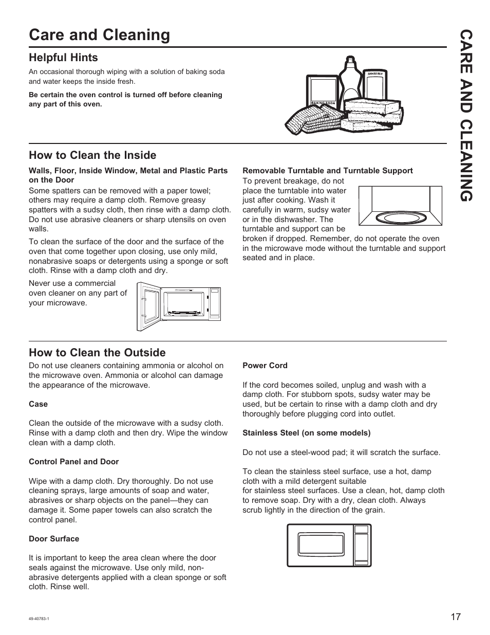 Care and cleaning care and cleaning | GE 0.9 cu. ft. Countertop Microwave Oven Use and Care Guide User Manual | Page 17 / 40