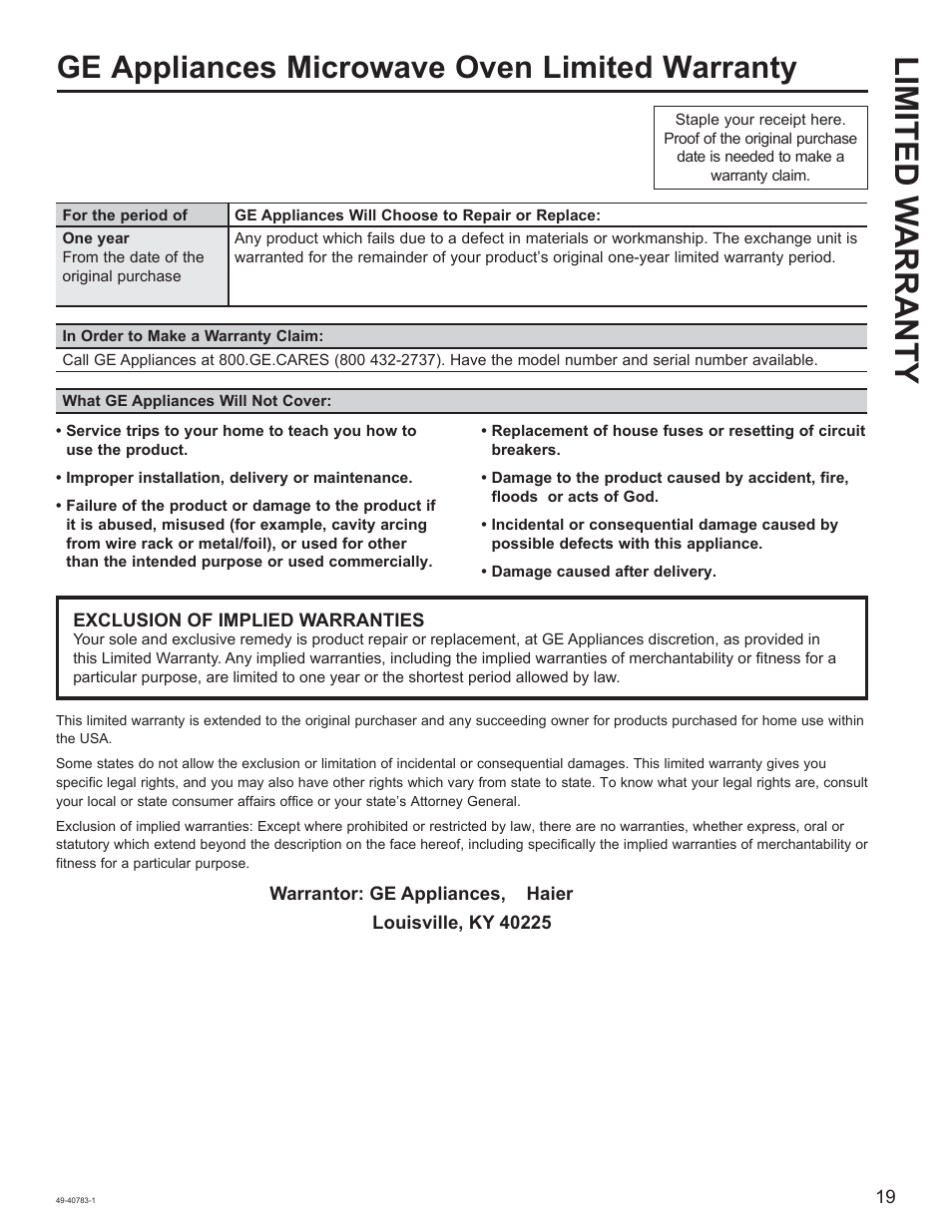 Limited w arranty, Ge appliances microwave oven limited warranty | GE 0.9 cu. ft. Countertop Microwave Oven Use and Care Guide User Manual | Page 19 / 40