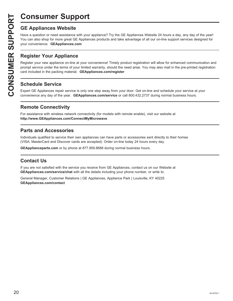 Consumer support consumer support, Ge appliances website, Register your appliance | Schedule service, Remote connectivity, Parts and accessories, Contact us | GE 0.9 cu. ft. Countertop Microwave Oven Use and Care Guide User Manual | Page 20 / 40