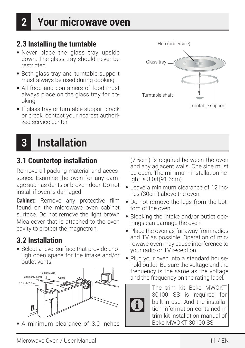 Your microwave oven, Installation, 1 countertop installation | 2 installation, 3 installing the turntable | Beko 2.2 cu. ft. Countertop Microwave Oven Owners Guide User Manual | Page 11 / 36