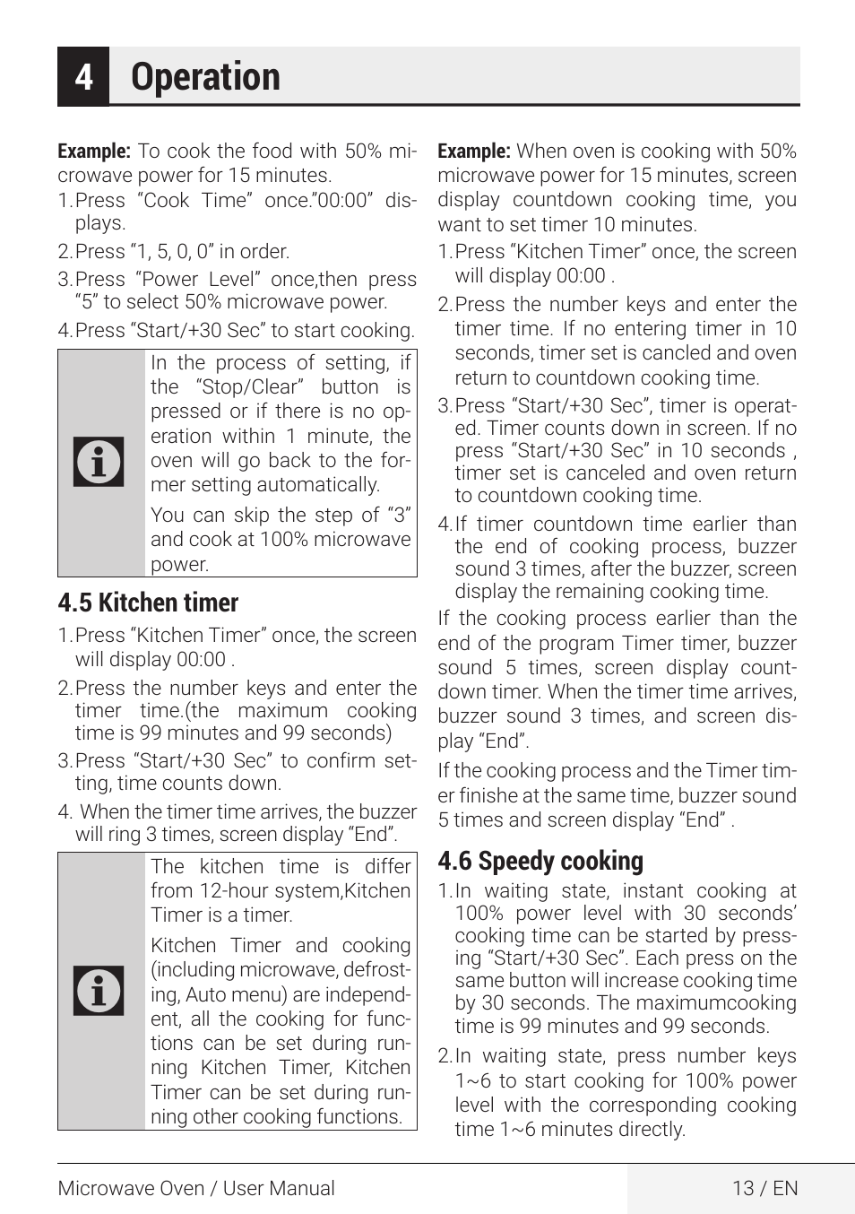 Operation, 5 kitchen timer, 6 speedy cooking | Beko 2.2 cu. ft. Countertop Microwave Oven Owners Guide User Manual | Page 13 / 36