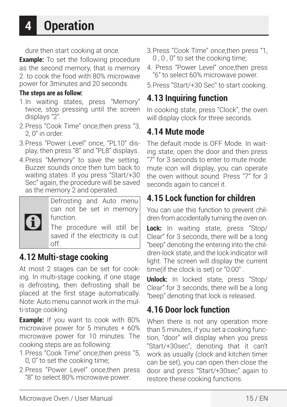 Operation, 12 multi-stage cooking, 13 inquiring function | 14 mute mode, 15 lock function for children, 16 door lock function | Beko 2.2 cu. ft. Countertop Microwave Oven Owners Guide User Manual | Page 15 / 36