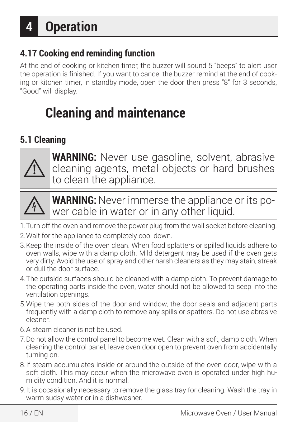 Operation, Cleaning and maintenance | Beko 2.2 cu. ft. Countertop Microwave Oven Owners Guide User Manual | Page 16 / 36