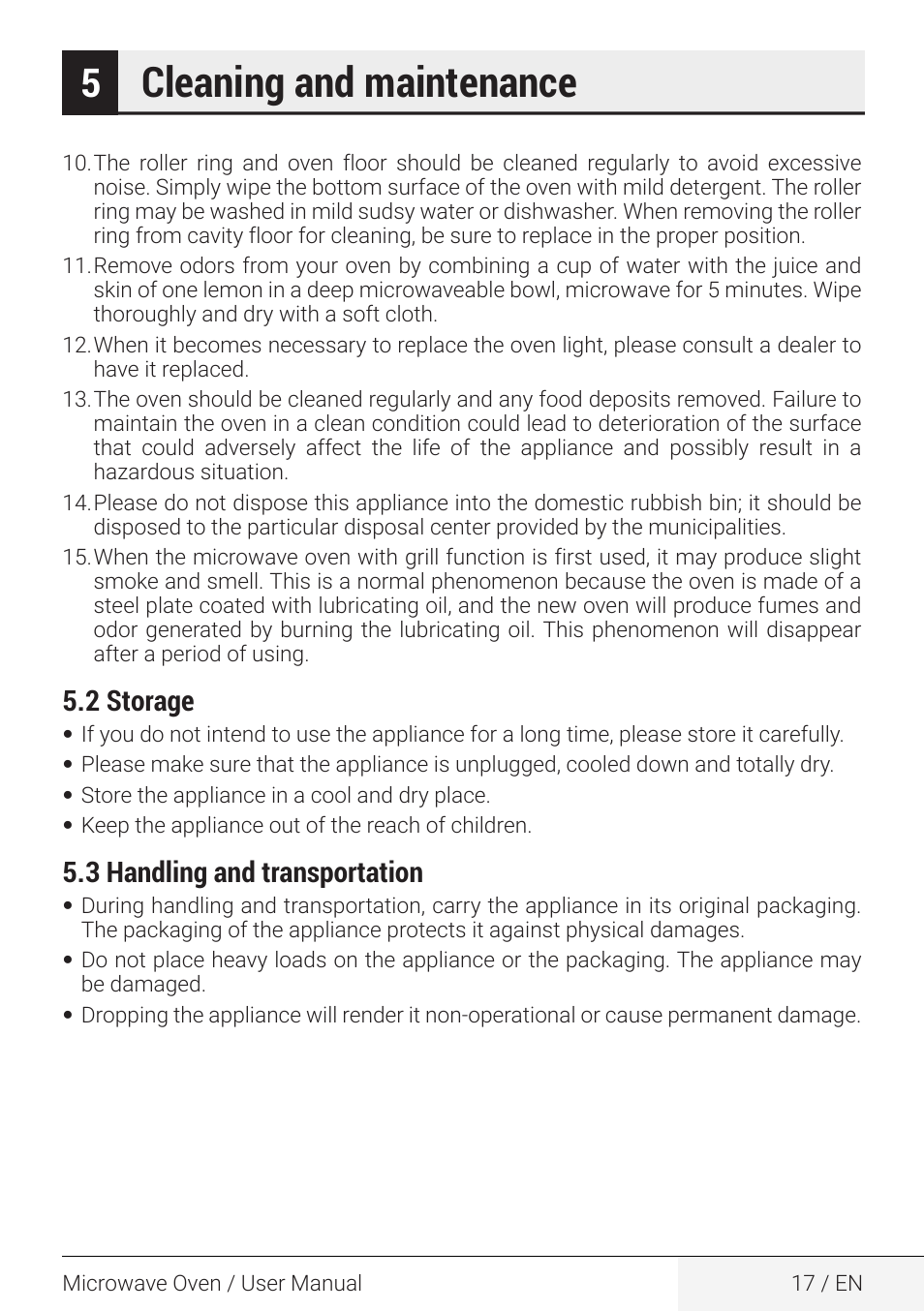 Cleaning and maintenance, 2 storage, 3 handling and transportation | Beko 2.2 cu. ft. Countertop Microwave Oven Owners Guide User Manual | Page 17 / 36