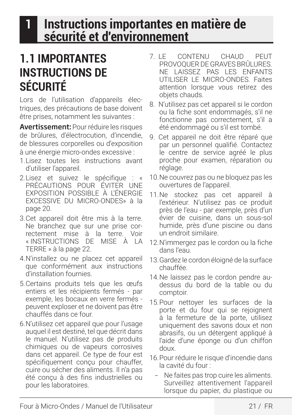 1 importantes instructions de sécurité | Beko 2.2 cu. ft. Countertop Microwave Oven Owners Guide User Manual | Page 21 / 36