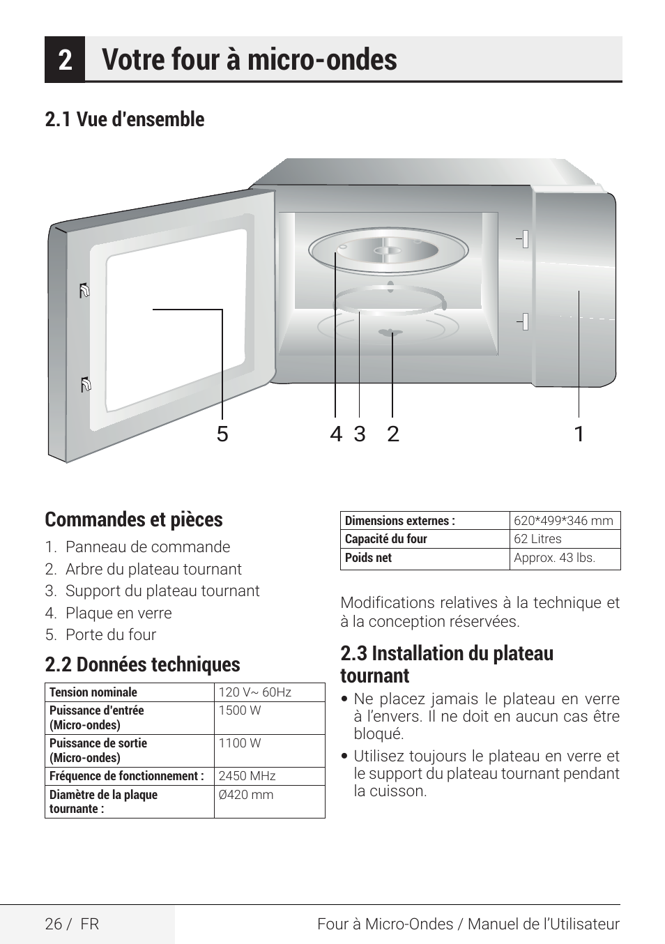 Votre four à micro-ondes, 1 vue d’ensemble, Commandes et pièces | 2 données techniques, 3 installation du plateau tournant | Beko 2.2 cu. ft. Countertop Microwave Oven Owners Guide User Manual | Page 26 / 36