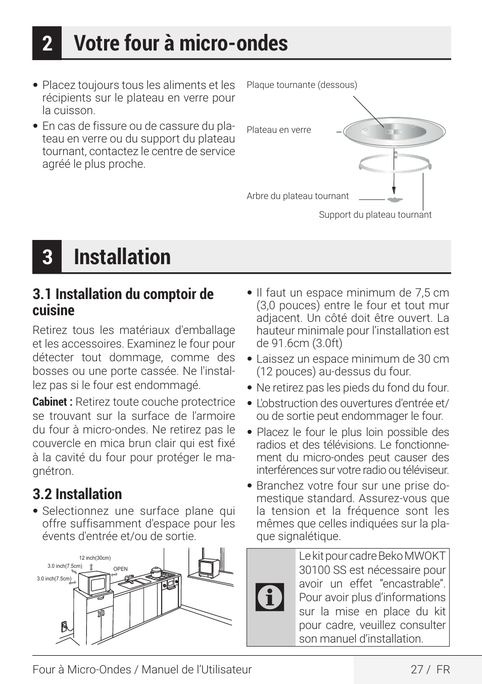 Votre four à micro-ondes, Installation, 1 installation du comptoir de cuisine | 2 installation | Beko 2.2 cu. ft. Countertop Microwave Oven Owners Guide User Manual | Page 27 / 36