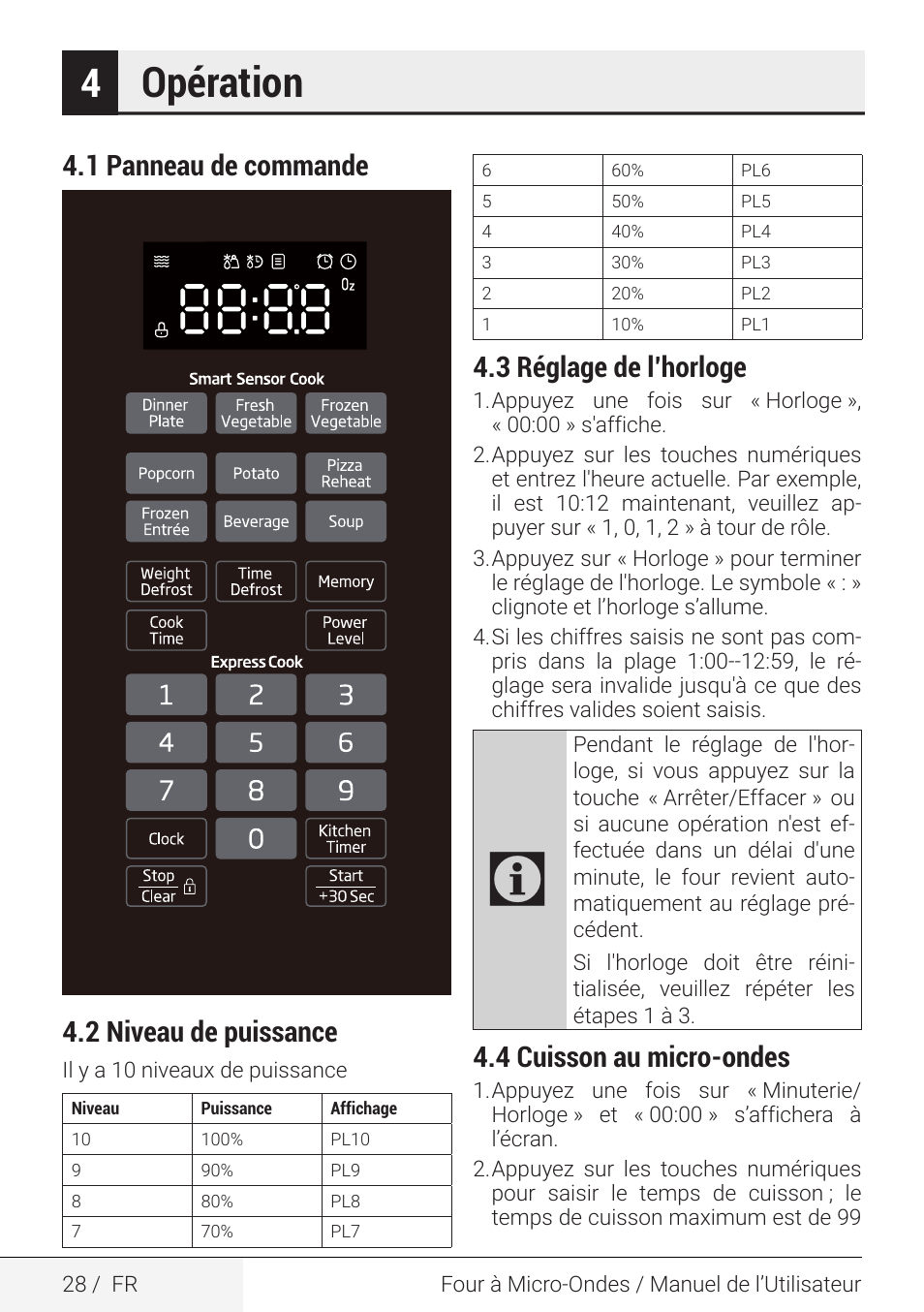 Opération, 1 panneau de commande 4.2 niveau de puissance, 3 réglage de l’horloge | 4 cuisson au micro-ondes | Beko 2.2 cu. ft. Countertop Microwave Oven Owners Guide User Manual | Page 28 / 36