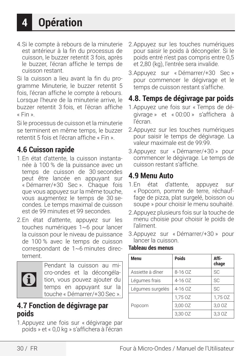 Opération, 6 cuisson rapide, 7 fonction de dégivrage par poids | Temps de dégivrage par poids, 9 menu auto | Beko 2.2 cu. ft. Countertop Microwave Oven Owners Guide User Manual | Page 30 / 36