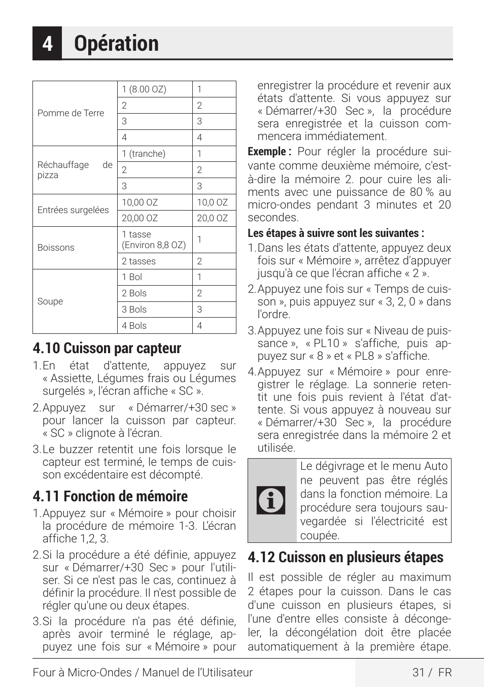 Opération, 10 cuisson par capteur, 11 fonction de mémoire | 12 cuisson en plusieurs étapes | Beko 2.2 cu. ft. Countertop Microwave Oven Owners Guide User Manual | Page 31 / 36