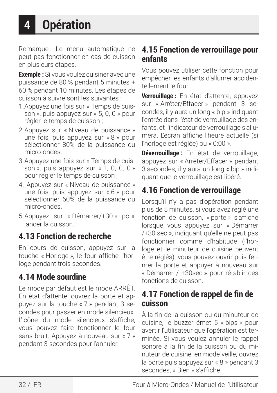 Opération, 13 fonction de recherche, 14 mode sourdine | 15 fonction de verrouillage pour enfants, 16 fonction de verrouillage, 17 fonction de rappel de fin de cuisson | Beko 2.2 cu. ft. Countertop Microwave Oven Owners Guide User Manual | Page 32 / 36