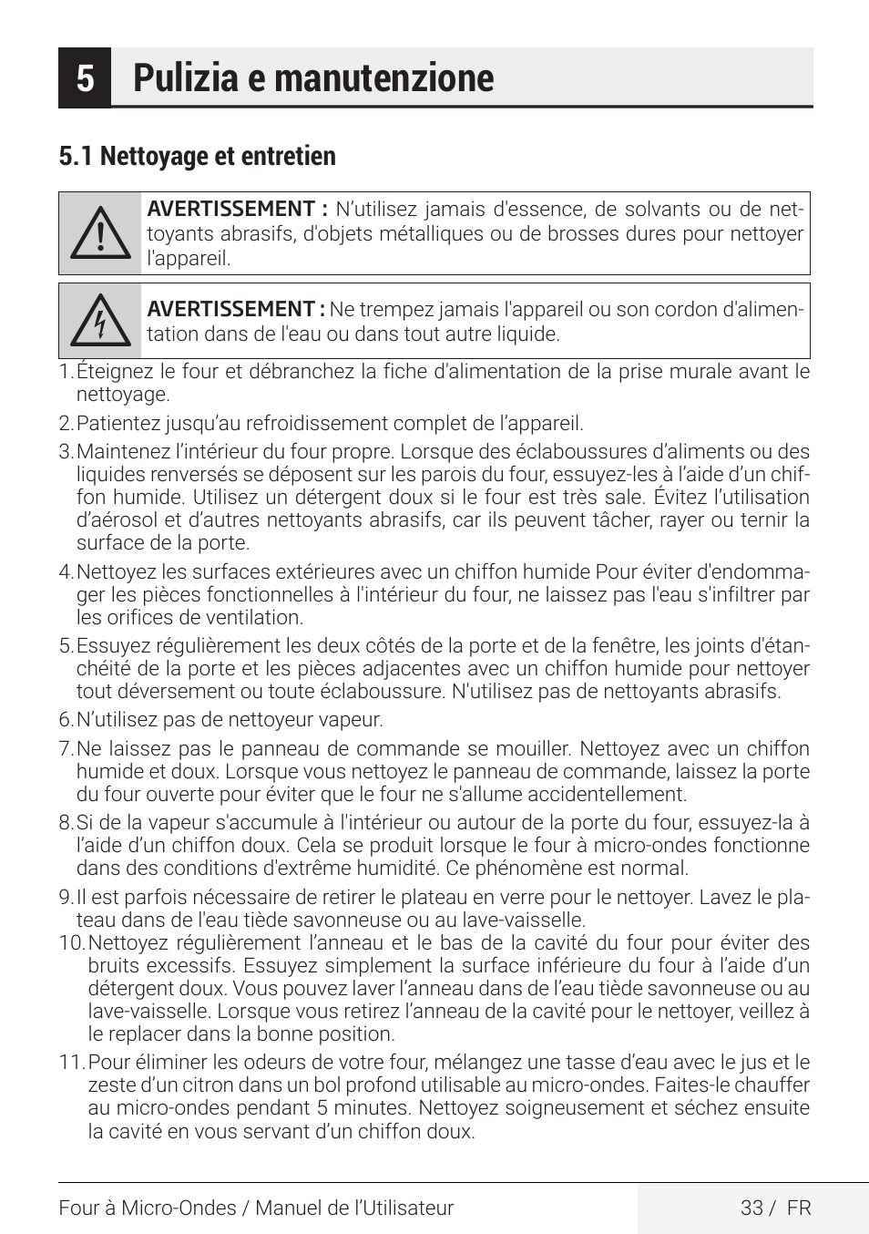 Pulizia e manutenzione, 1 nettoyage et entretien | Beko 2.2 cu. ft. Countertop Microwave Oven Owners Guide User Manual | Page 33 / 36