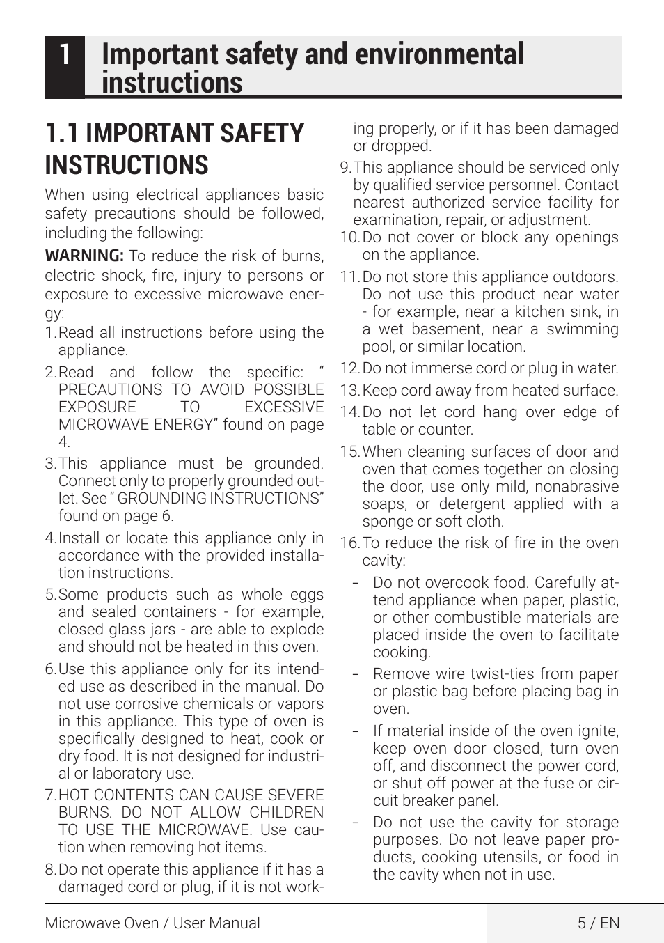 Important safety and environmental instructions, 1 important safety instructions | Beko 2.2 cu. ft. Countertop Microwave Oven Owners Guide User Manual | Page 5 / 36