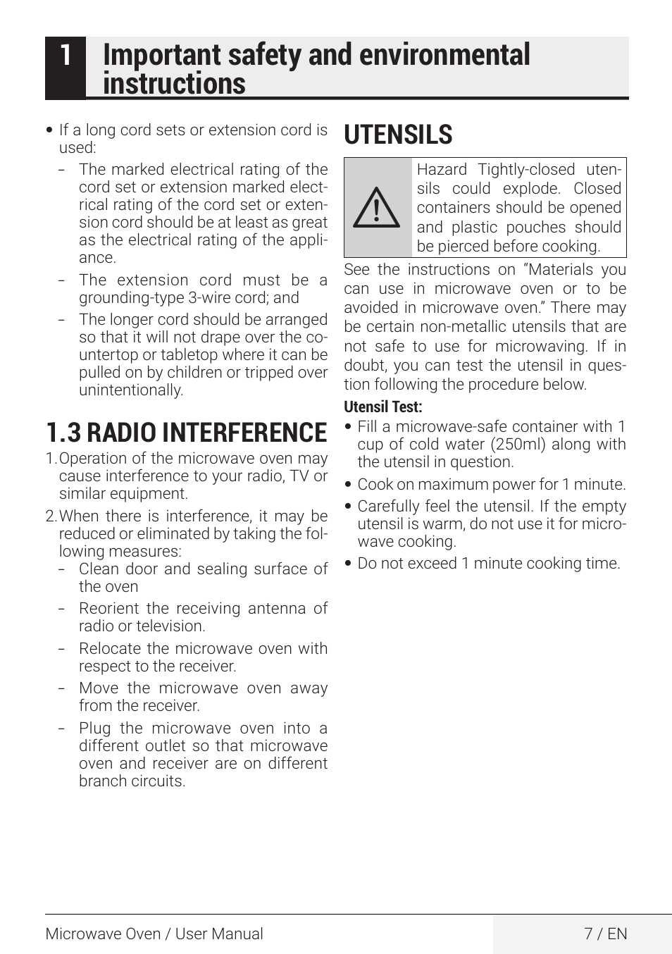 Important safety and environmental instructions, 3 radio interference, Utensils | Beko 2.2 cu. ft. Countertop Microwave Oven Owners Guide User Manual | Page 7 / 36