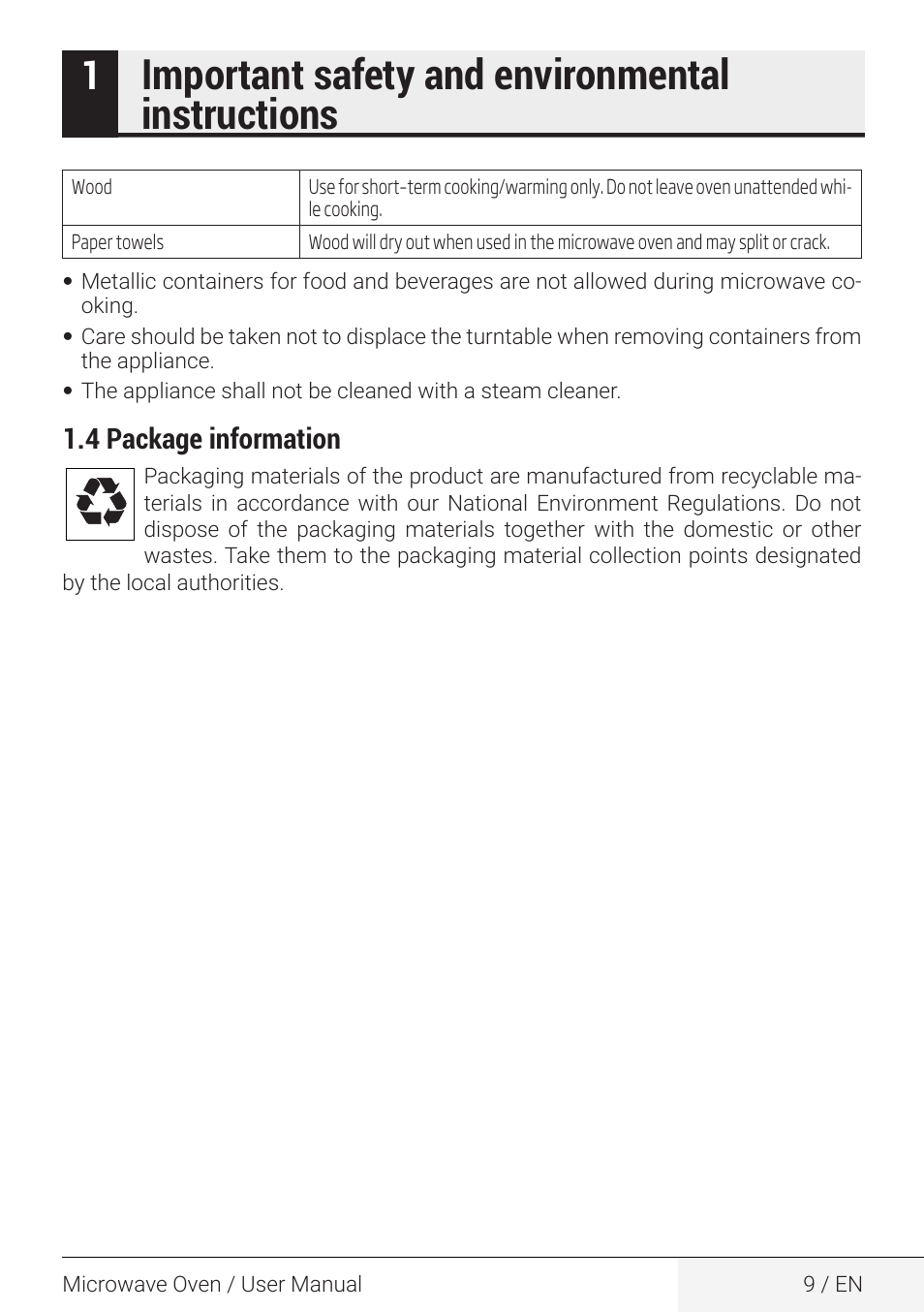 Important safety and environmental instructions, 4 package information | Beko 2.2 cu. ft. Countertop Microwave Oven Owners Guide User Manual | Page 9 / 36