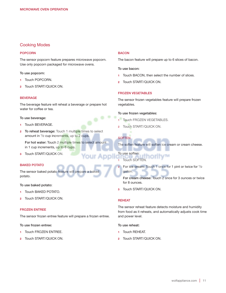 Cooking modes | Wolf 2.0 cu. ft. Countertop Microwave Oven Use and Care Guide User Manual | Page 11 / 68