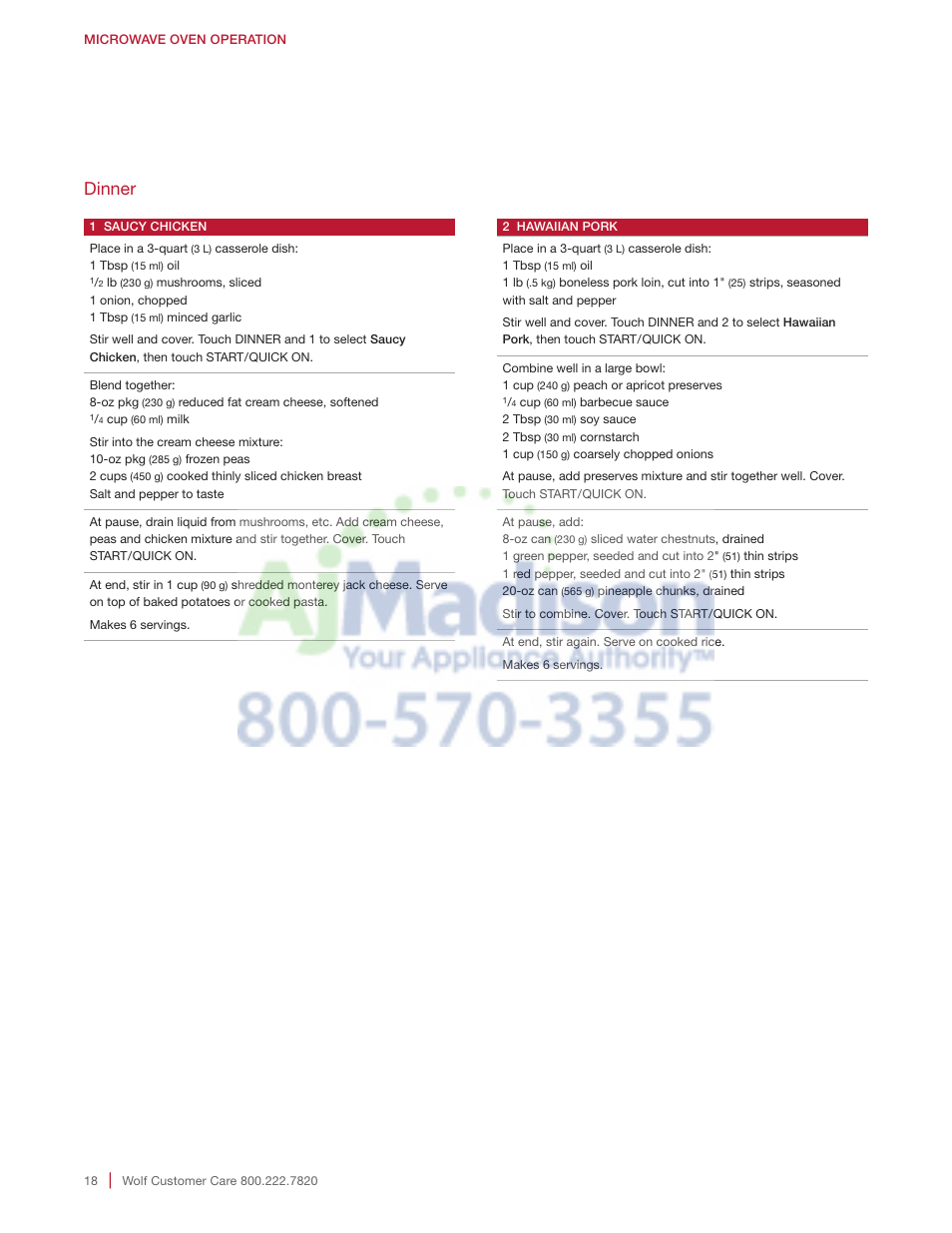 Dinner | Wolf 2.0 cu. ft. Countertop Microwave Oven Use and Care Guide User Manual | Page 18 / 68