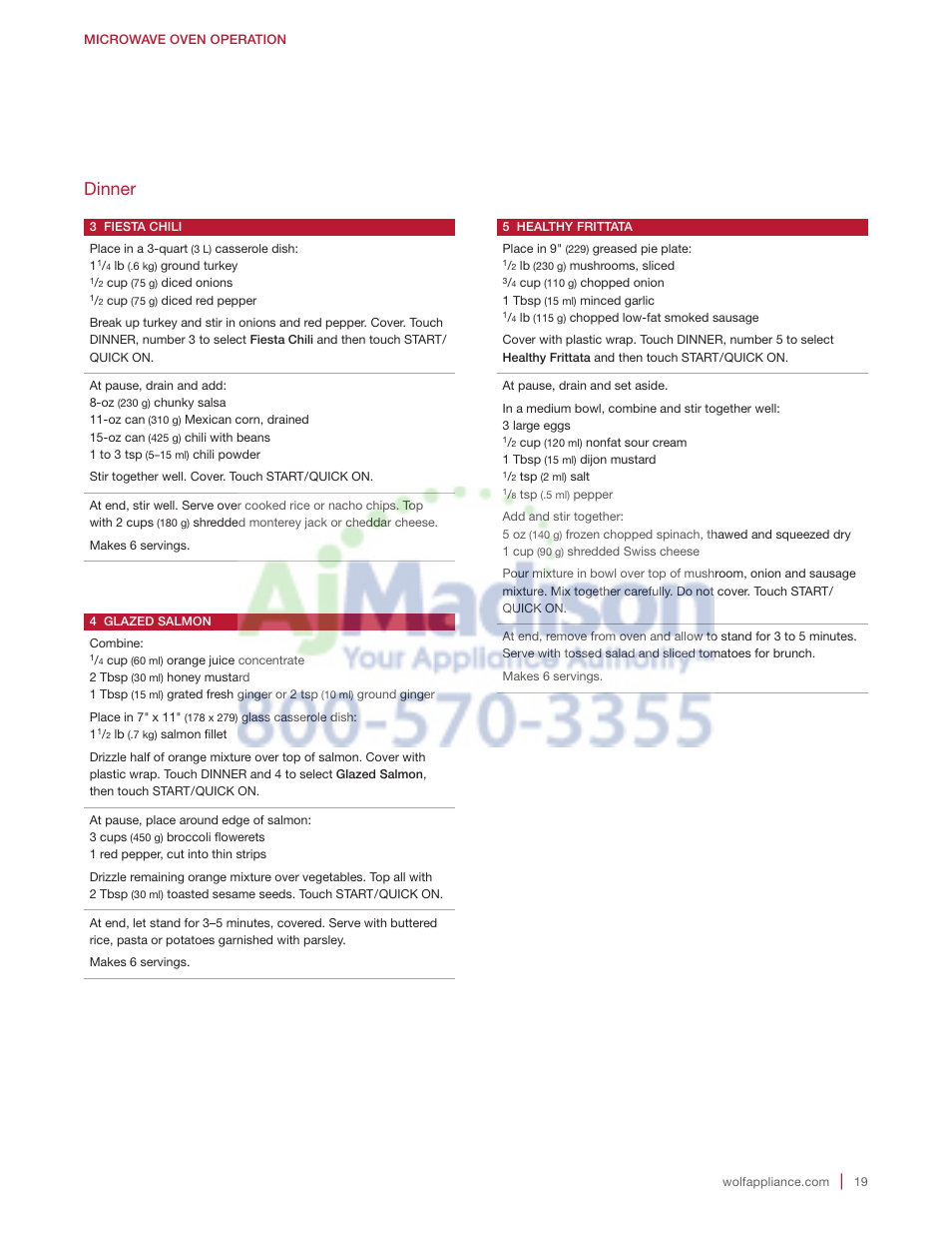 Dinner | Wolf 2.0 cu. ft. Countertop Microwave Oven Use and Care Guide User Manual | Page 19 / 68
