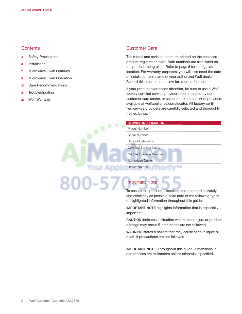 Wolf 2.0 cu. ft. Countertop Microwave Oven Use and Care Guide User Manual | Page 2 / 68