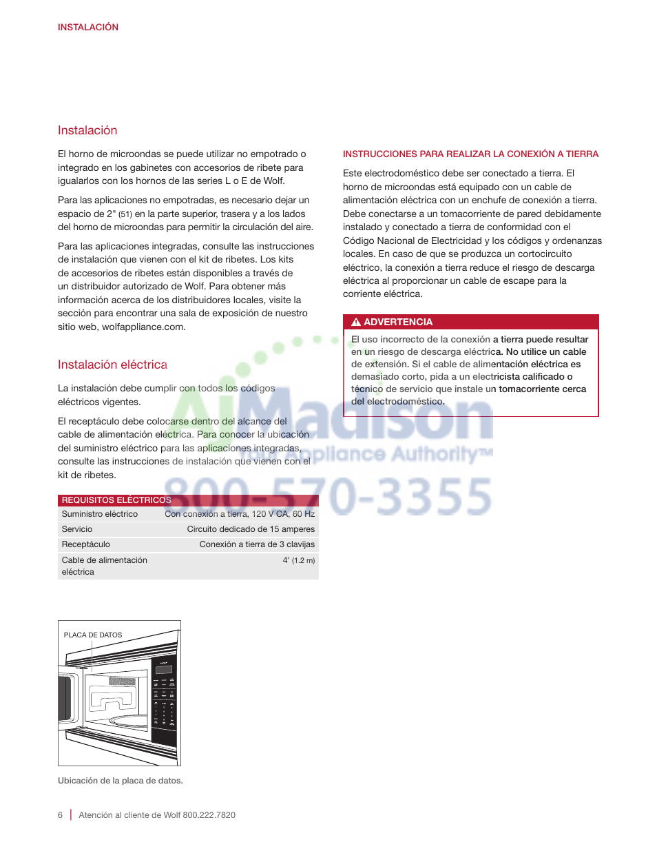 Instalación, Instalación eléctrica | Wolf 2.0 cu. ft. Countertop Microwave Oven Use and Care Guide User Manual | Page 28 / 68