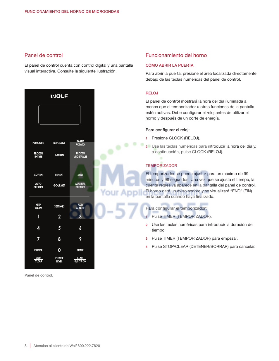 Panel de control, Funcionamiento del horno | Wolf 2.0 cu. ft. Countertop Microwave Oven Use and Care Guide User Manual | Page 30 / 68
