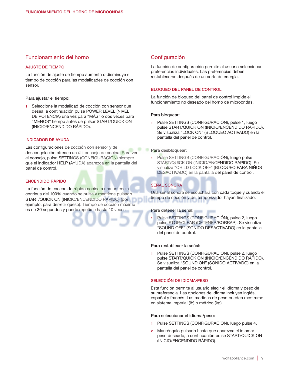 Funcionamiento del horno, Configuración | Wolf 2.0 cu. ft. Countertop Microwave Oven Use and Care Guide User Manual | Page 31 / 68
