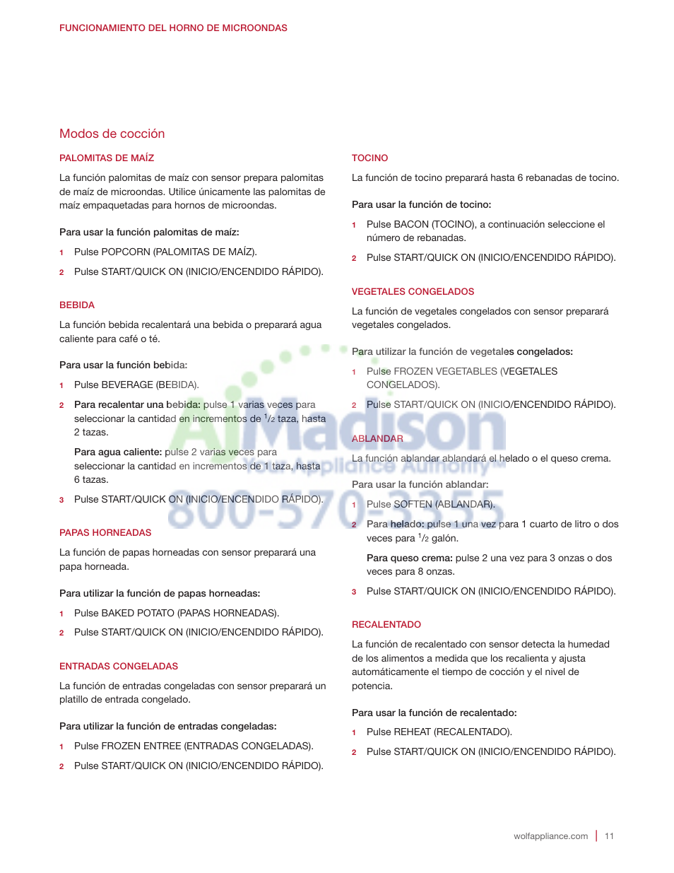 Modos de cocción | Wolf 2.0 cu. ft. Countertop Microwave Oven Use and Care Guide User Manual | Page 33 / 68