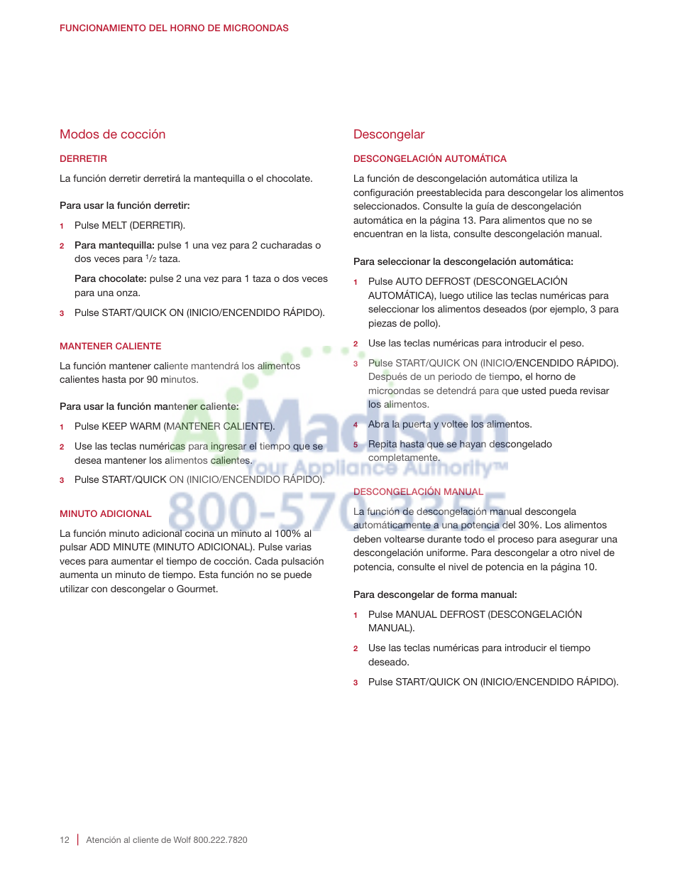 Modos de cocción, Descongelar | Wolf 2.0 cu. ft. Countertop Microwave Oven Use and Care Guide User Manual | Page 34 / 68