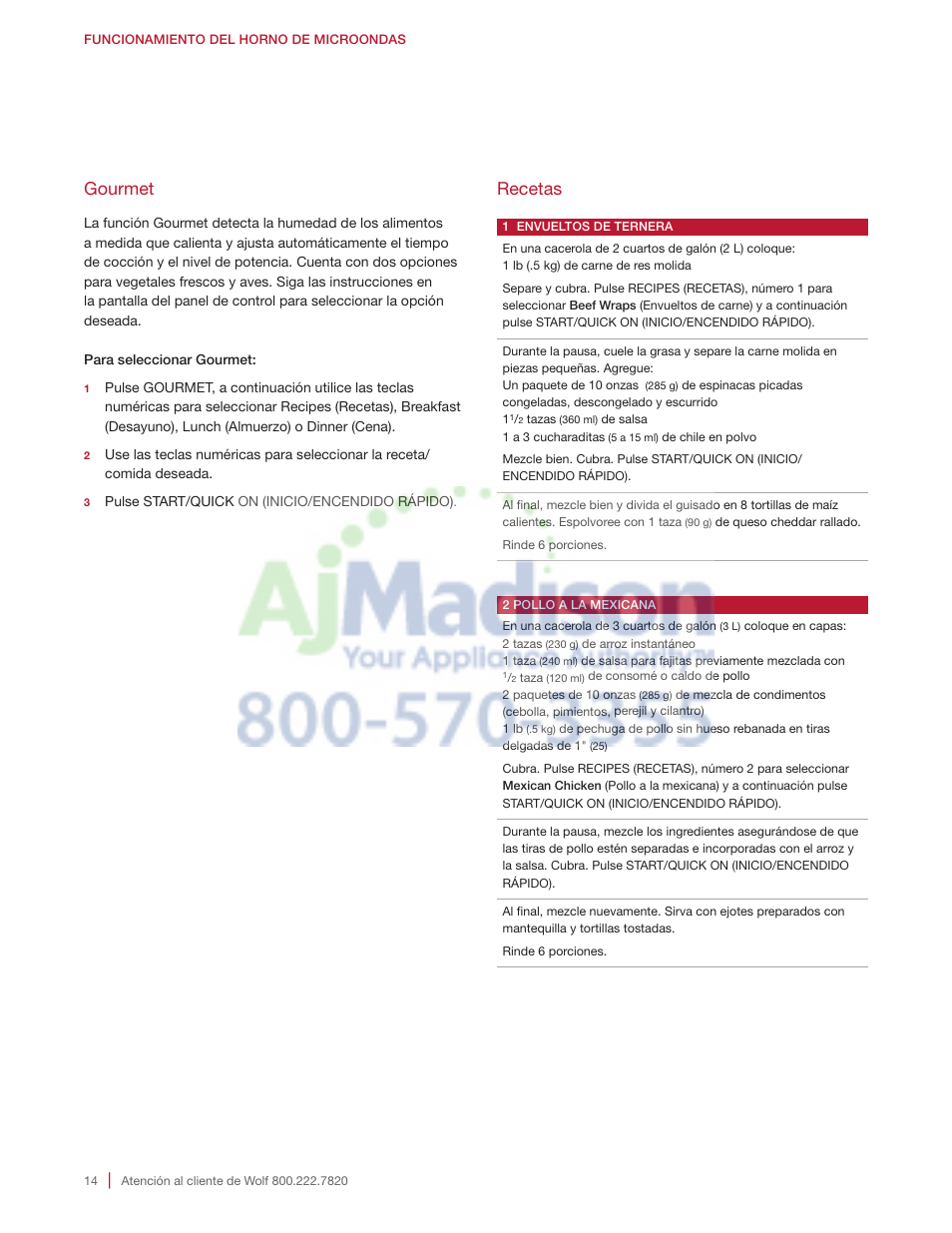 Gourmet, Recetas | Wolf 2.0 cu. ft. Countertop Microwave Oven Use and Care Guide User Manual | Page 36 / 68