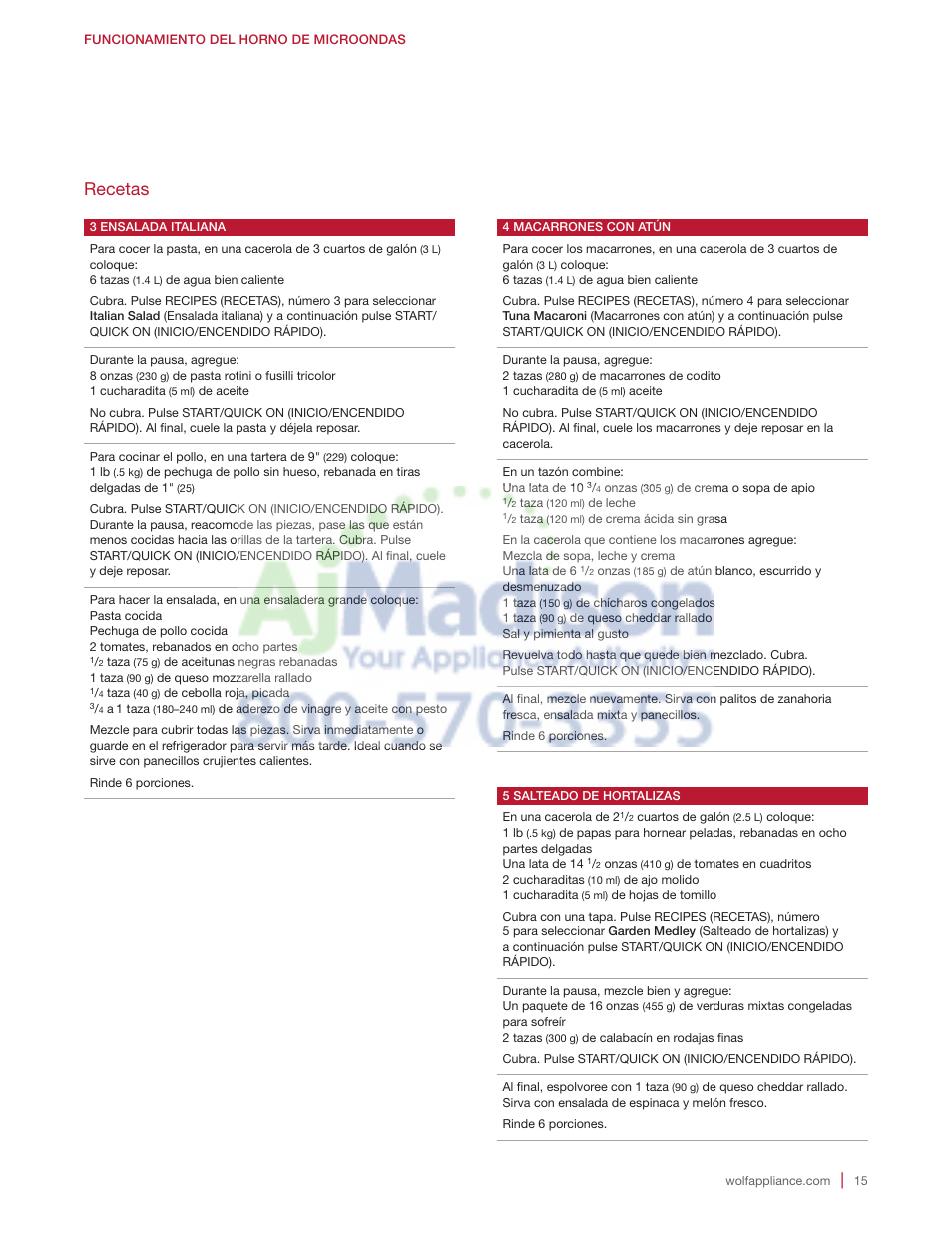 Recetas | Wolf 2.0 cu. ft. Countertop Microwave Oven Use and Care Guide User Manual | Page 37 / 68