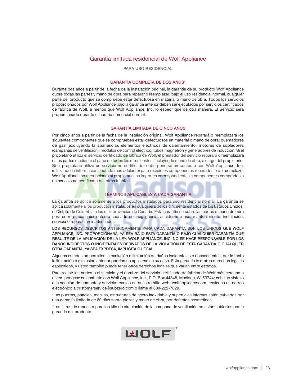 Garantía limitada residencial de wolf appliance | Wolf 2.0 cu. ft. Countertop Microwave Oven Use and Care Guide User Manual | Page 45 / 68