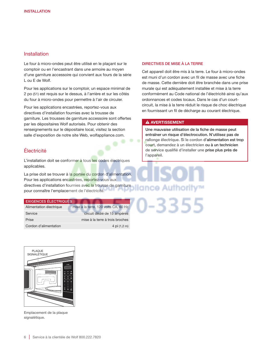 Installation, Électricité | Wolf 2.0 cu. ft. Countertop Microwave Oven Use and Care Guide User Manual | Page 50 / 68