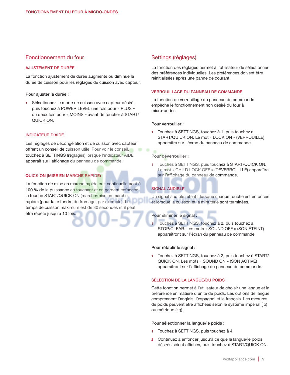 Fonctionnement du four, Settings (réglages) | Wolf 2.0 cu. ft. Countertop Microwave Oven Use and Care Guide User Manual | Page 53 / 68