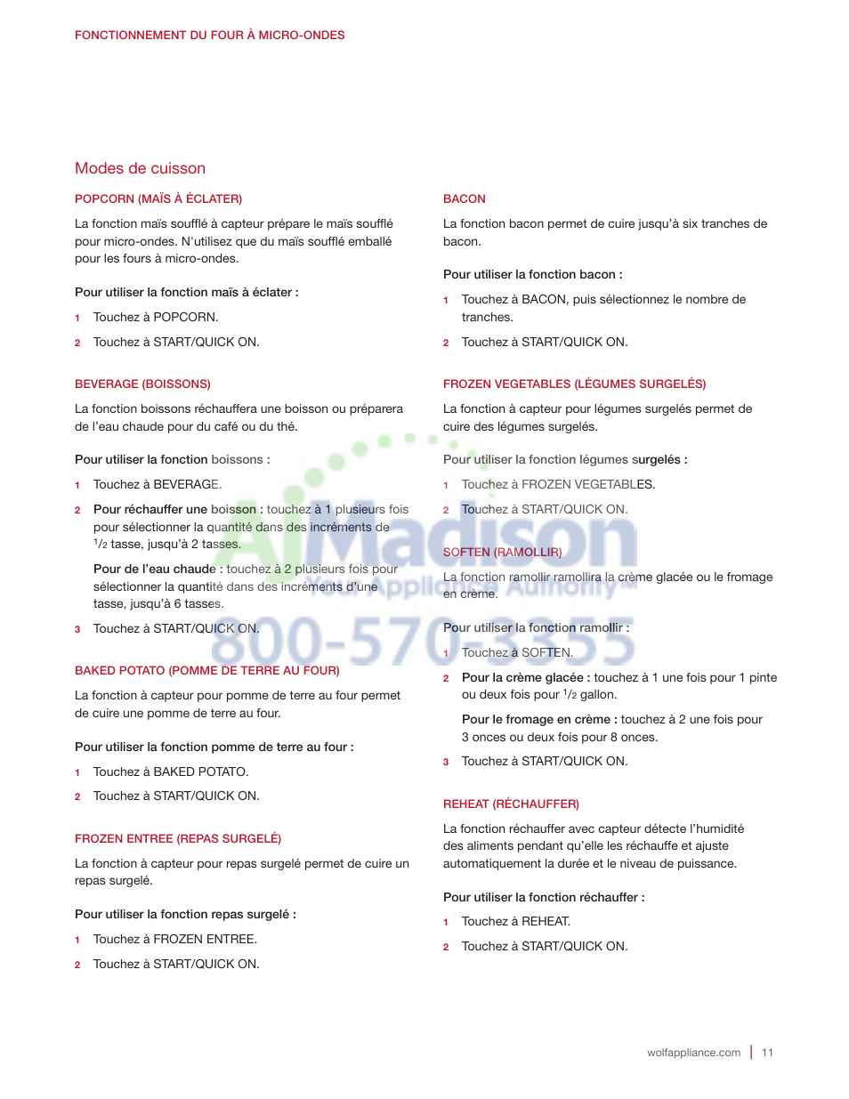 Modes de cuisson | Wolf 2.0 cu. ft. Countertop Microwave Oven Use and Care Guide User Manual | Page 55 / 68