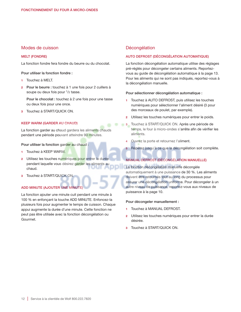 Modes de cuisson, Décongélation | Wolf 2.0 cu. ft. Countertop Microwave Oven Use and Care Guide User Manual | Page 56 / 68