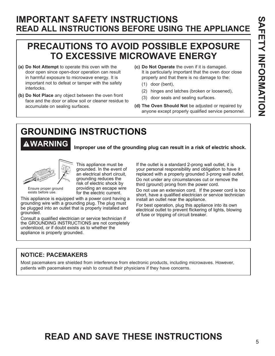 Safety informa tion grounding instructions, Read all instructions before using the appliance, Warning | GE Profile 1.1 cu. ft. Countertop Microwave Oven Use and Care Guide User Manual | Page 5 / 48