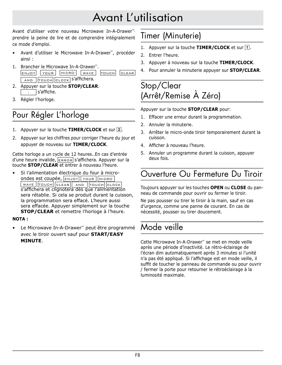 Avant l’utilisation, Pour régler l’horloge, Timer (minuterie) | Stop/clear (arrêt/remise à zéro), Ouverture ou fermeture du tiroir, Mode veille | Dacor Contemporary 24 Inch Microwave Drawer User Guide User Manual | Page 30 / 46