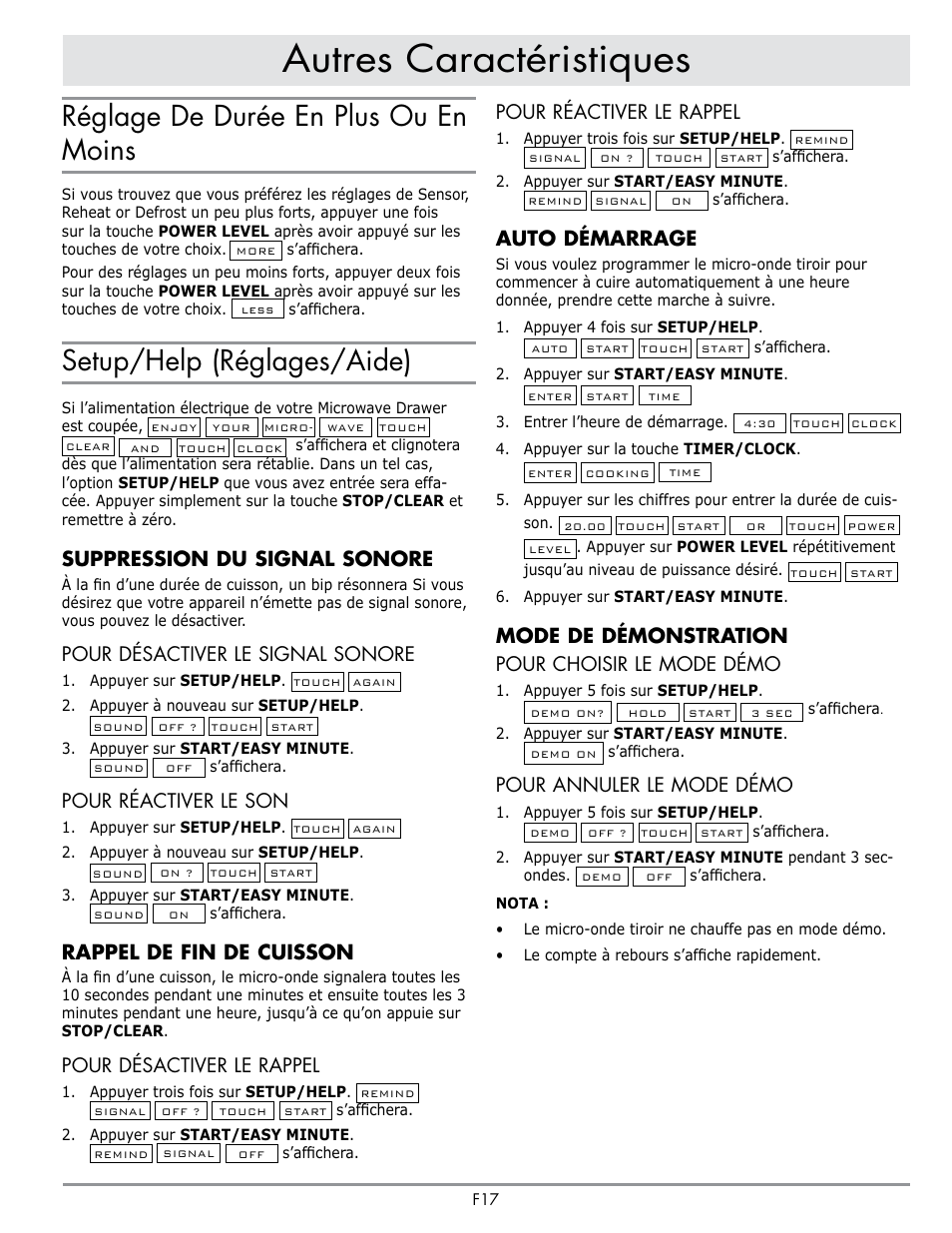 Autres caractéristiques, Réglage de durée en plus ou en moins, Setup/help (réglages/aide) | Suppression du signal sonore, Rappel de fin de cuisson, Auto démarrage, Mode de démonstration, Pour désactiver le signal sonore, Pour réactiver le son, Pour désactiver le rappel | Dacor Contemporary 24 Inch Microwave Drawer User Guide User Manual | Page 39 / 46