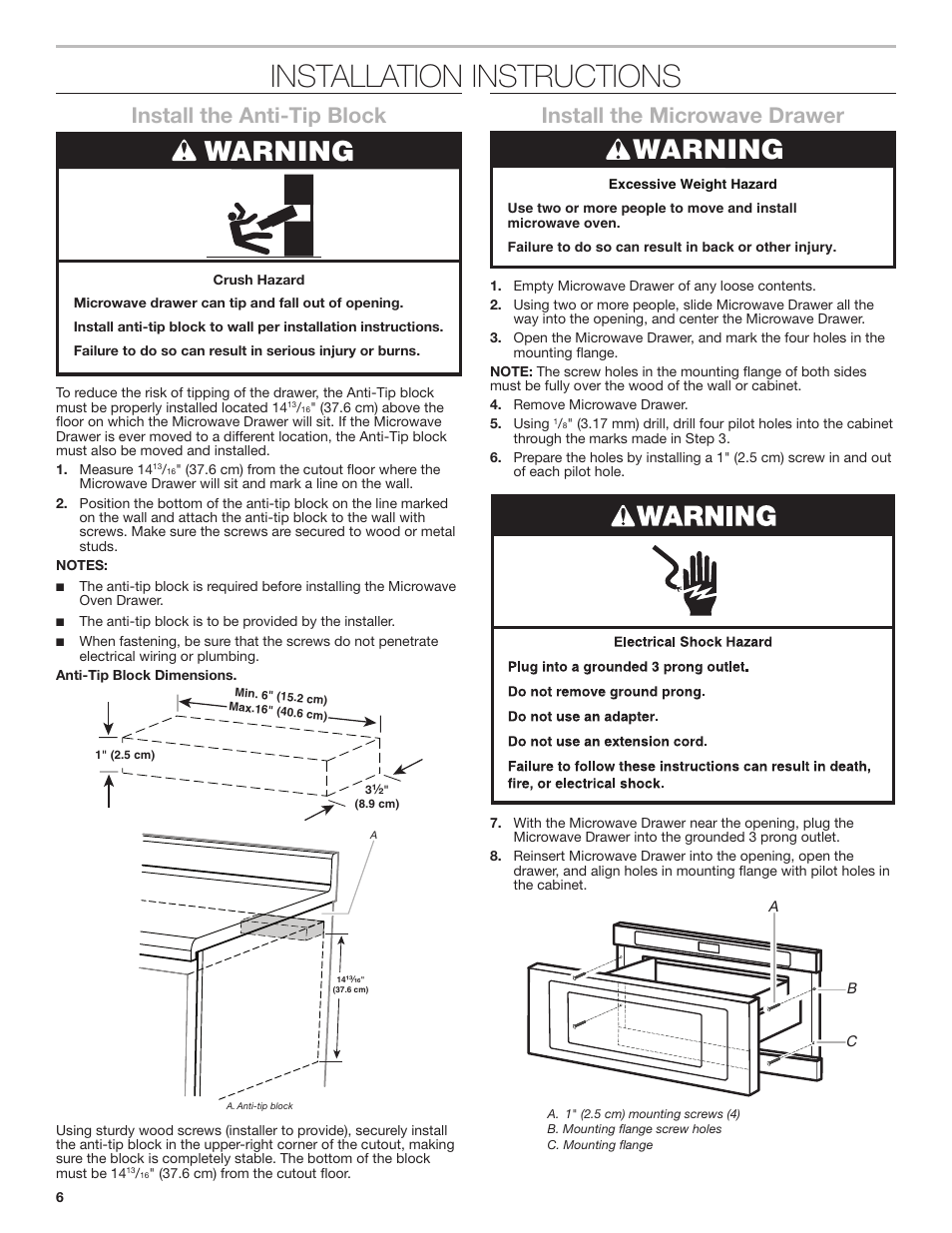 Installation instructions, Warning, Install the anti-tip block | Install the microwave drawer | KITCHENAID 24 Inch Under-Counter Microwave Drawer Installation Instructions User Manual | Page 6 / 14