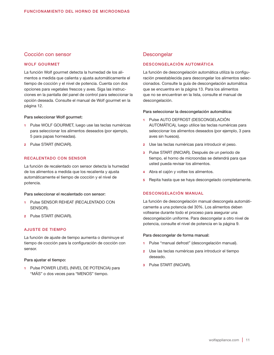 Cocción con sensor, Descongelar | Wolf 24 Inch Microwave Drawer Owners Manual User Manual | Page 25 / 44