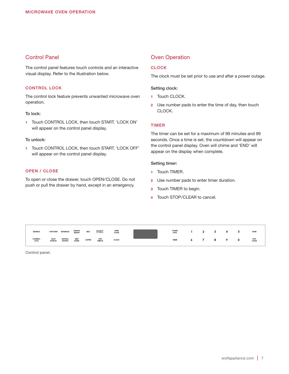 Oven operation, Control panel | Wolf 24 Inch Microwave Drawer Owners Manual User Manual | Page 7 / 44
