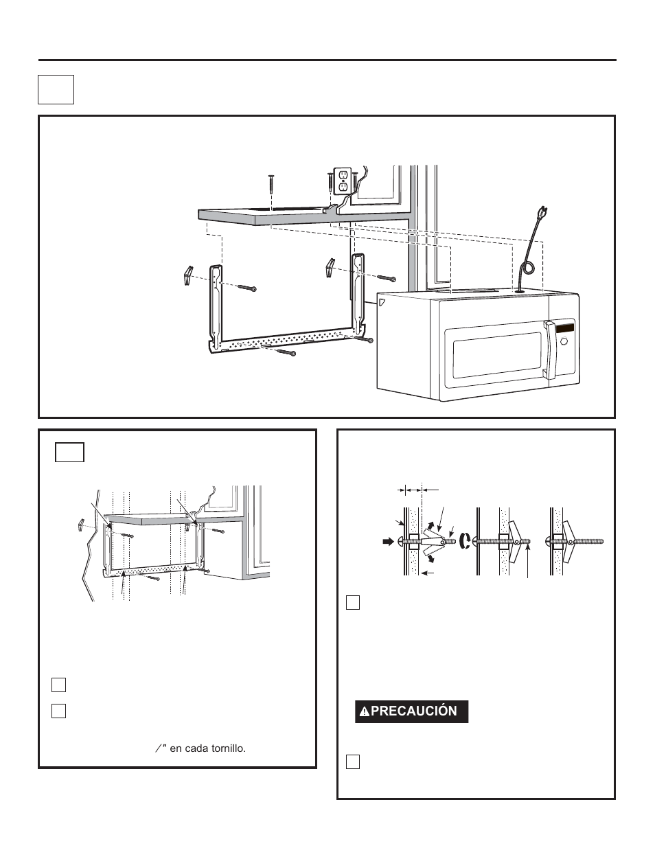 Escape superior exterior, Instrucciones de instalación, Conducto vertical) | Perspectiva general de la instalación, Cómo adherir la placa de montaje a la pared a1, Precaución, Para usar los tornillos basculantes | GE Profile Advantium Series 30 Inch Over-the-Range Microwave Oven Installation Guide User Manual | Page 36 / 48